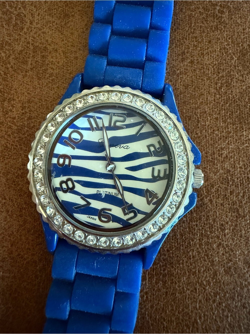 Blue Zebra Silicone Band Watch with Crystal Bezel